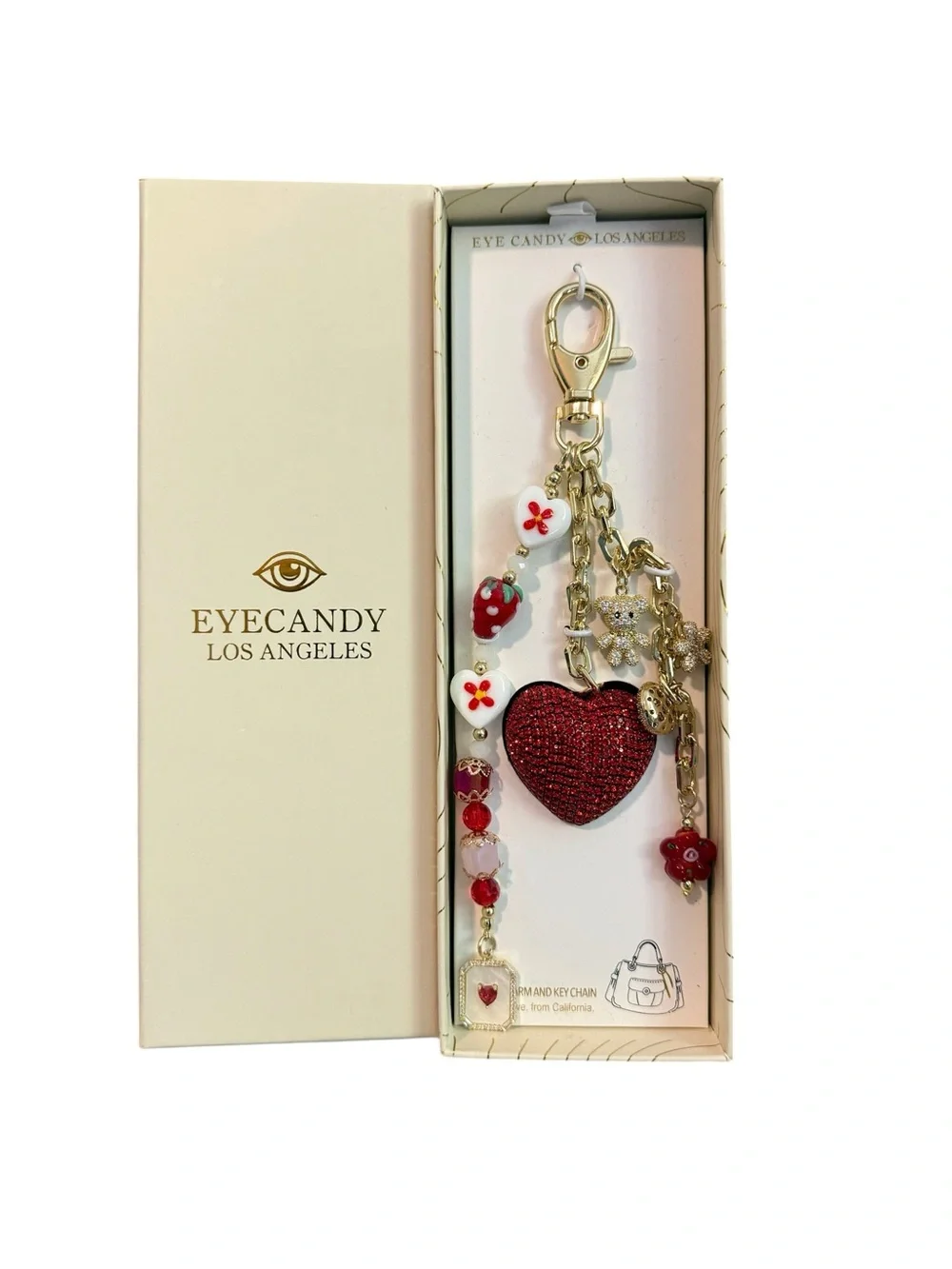 ♥️EYE CANDY♥️Red Heart Flower Teddy Bear Keychain/Bag Charm/NIB